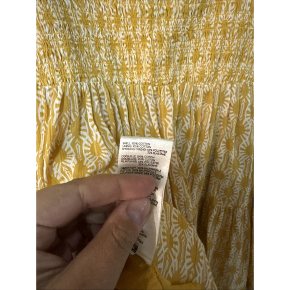 FREE PEOPLE Sweet Annie Smocked Mini Dress Mustard Block Print Floral Sz small - Picture 7 of 7